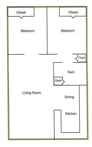 Floor plan for 2 beds, 1 bath, 916 sqft